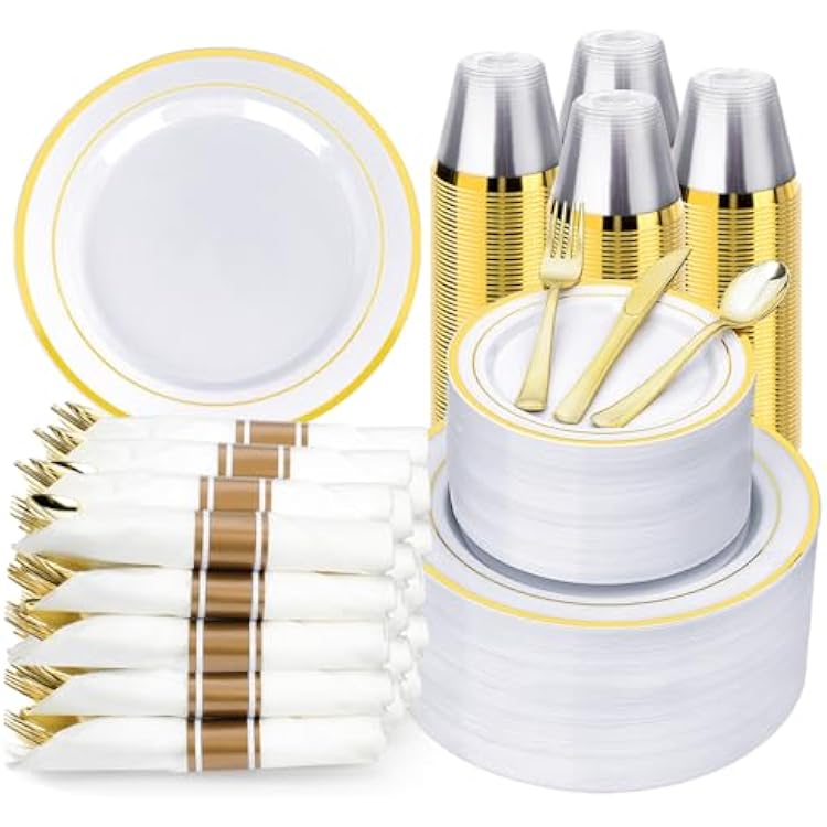 BESTVIP 700PCS Gold Plastic Dinnerware Set for 100 Guests, Disposable Plates for Party, Include: 200 Plastic Plates, 100 Pre Rolled Napkins with Gold Silverware, 100 Cups for Christmas, Halloween
