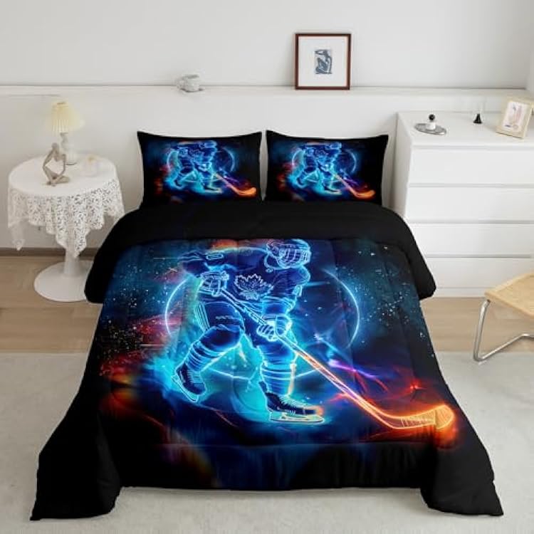 Feelyou Ice Hockey Comforter Set Teens Puck Sport Fans Lightweight Bedding Set for Kids Boys Girls Sports Games Theme Comforter Gold Flame Ice Blue Decor Quilt Set Bedroom Collection 2Pcs Twin Size