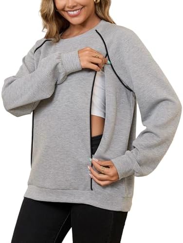 Bhome Nursing Shirts for Breastfeeding Loose Fit Zipper Long Sleeve Breast Feeding Sweatshirts with Side Pockets