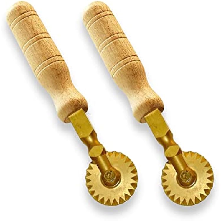 La Gondola Set of 2 Homemade Pasta Cutters - 2 Festooned Wheels | Pasta Making Tools for Home & Business | Brass & Natural Wood | Safe & Easy to Use Pasta Cutting Tools | Ravioli Cutters Made in Italy