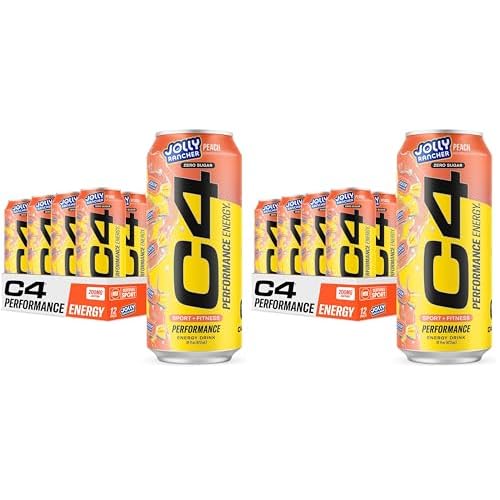 Cellucor C4 Performance Energy Drink | JOLLY RANCHER Peach | Zero Sugar Carbonated Preworkout Energy | 200mg Caffeine with Beta Alanine | 16 Fl Oz 24 Pack