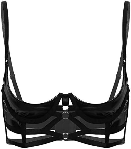 Aislor Womens Wet Look Patent Leather Push up Shelf Bra Top Quarter Cup Strappy Underwired Bra Tops