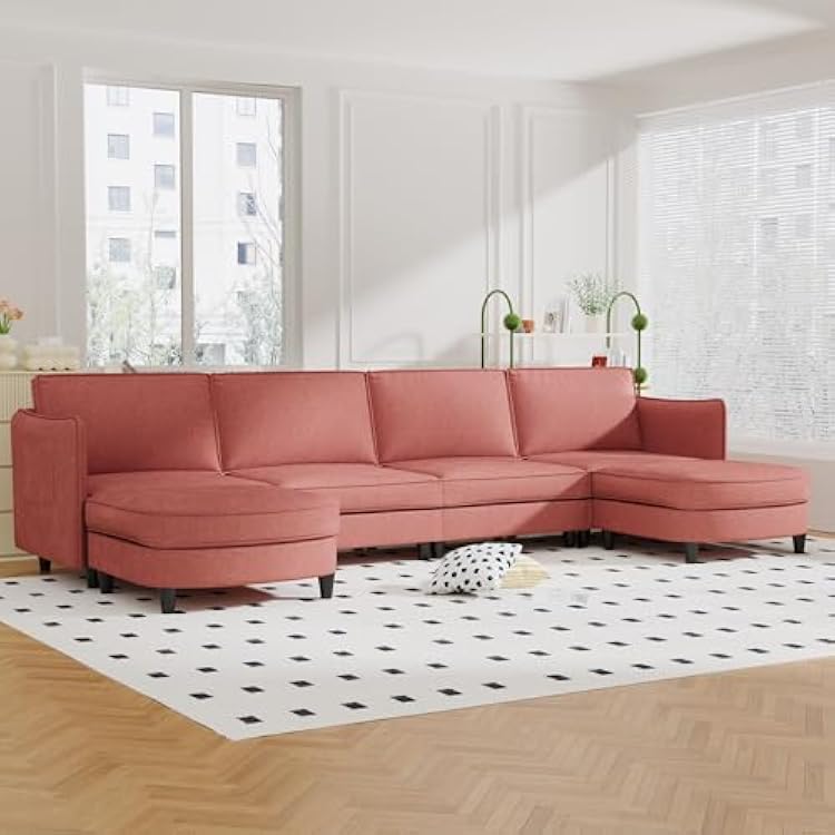 141.5 U Shaped Sofa, 6 Seater Sofa Large Couches Oversized U Shape Couch Sectional Couch with Reversible Chaise Arm with Pockets for Living Room Red