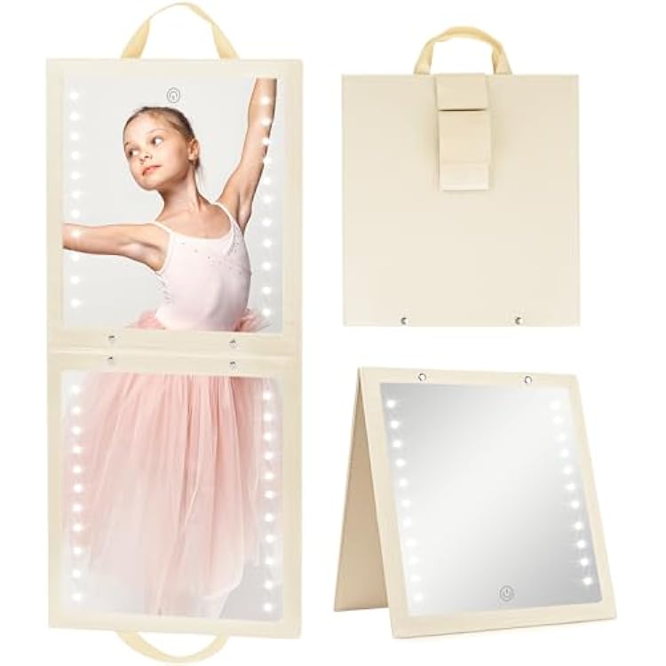 Fabuday Lighted Hanging Mirror for Dance Backstage - Rechargeable Folding LED Full Length Mirror with Lights for Dancers, Portable Foldable Travel Body Mirrors, Brightness Adjustable, Beige