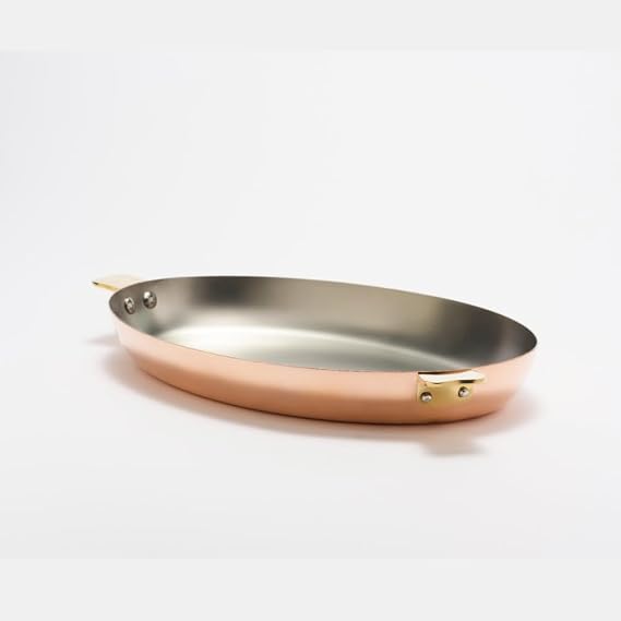 Mauviel Art deco Polished Copper & Stainless Steel Oval Pan With Brass Handles, 10.2-In, Made In France