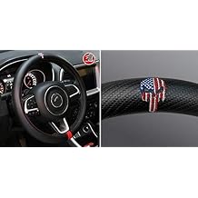 Black Carbon FIber Luxury Leather Punisher US America Flag Car Steering Wheel Cover Auto Anti-slip Protector 15''(US Flag Skull)