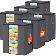 SpaceTrove Clothes Storage Bags, 6-Pack Comforter Blanket Organizers, 80L Large Capacity Containers with Visual Window for Clothing, Quilt, Sheet, Pillow, Closet Organization for Bedding (Grey)