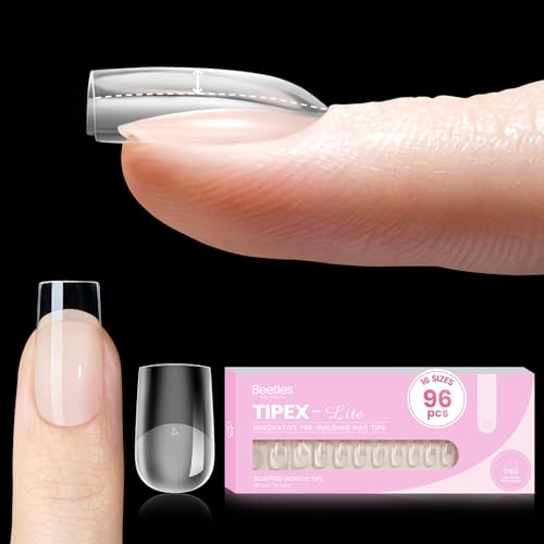 Beetles Tipex Lite Instant Apex Nail Tips, Short Square, 16 Sizes | 0014, Built-in Apex Acrylic Tips for Flat & Natural Nail Beds, Beginner-Friendly Easy DIY Nail Extensions