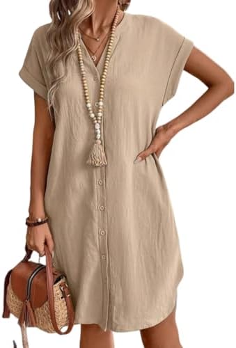 Scacto Womens Button Down Shirt Dress V-Neck Short Sleeve Tunic Dresses