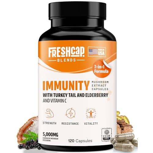 FreshCap 7-in-1 Immune Support Supplement - 5000mg Turkey Tail Mushroom Capsules - Immune Boosters for Adults, Immunity Boost Supplement, Elderberry Vitamin C and Zinc, Ayurveda 120 Capsules