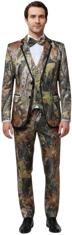 HBDesign Mens 3 Piece 2 Button Flat Collar Camouflage Suits