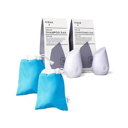 HiBAR Bundle - Repair Shampoo & Conditioner Set  Travel Pouch - For Damaged, Broken, Brittle Hair - Quinoa Protein & Jojoba Oil - Plastic, Soap, Paraben & Sulfate-Free -Color Safe & Vegan -2 Bars