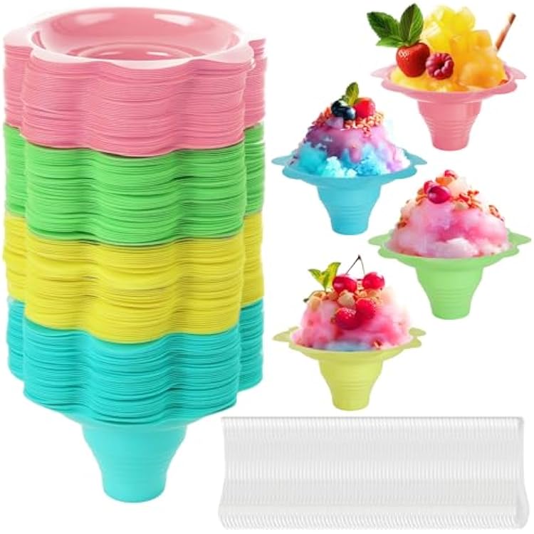 200PCS 8oz Colorful Snow Cone Cups with Spoon - Reusable Flower Shaped Ice Cups - Plastic Ice Cream Bowls Shaved Ices Drip Cup for Summer Holiday,Party, Birthday