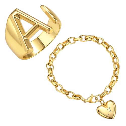 Initial A Heart Bracelet Ring Bundle for Women, Charm Bracelet Letter Rings Sets Hip Hop Jewelry for HerGift Box