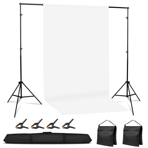 Adjustable Photography Backdrop Stand Kit 10x7ftWH Photo Studio Background Support with 4 Crossbars, 4 Clamps, 2 Sandbags with 10  7 Feet White Backdrop Curtain