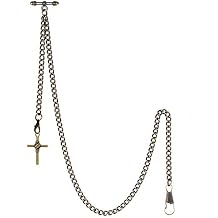 TREEWETO Men's Albert Chain Pocket Watch Curb Link Key Chain 2 Hooks with Antique Cross Pendant Design Charm Fob T Bar