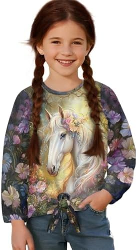 WELLFLYHOM Shirt for Girls 5-12T Long Sleeve T-shirt Front Knot Graphic Tunic Top Active Sweatshirts Pullover Tees