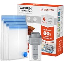 ETENWOLF 4 Pack Vacuum Storage Bags with Rechargeable Wireless Pump, Vacuum Seal Bags for Clothes and Travel, Space Saver Bags in Multiple Carry-On Sizes, Perfect for Luggage and Suitcases