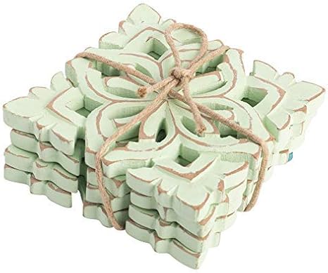 Farmhouse Decor Wood Coasters for Drinks - Kitchen Table Drink Coaster Set of 4 (Square Carved Blossom Sage Green)