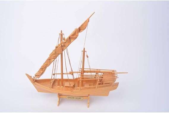 Golden Dhow Ship Model - Fully Assembled Handmade Nautical Decor Gift - 12.2L x 3.15W x 10.63H Inches
