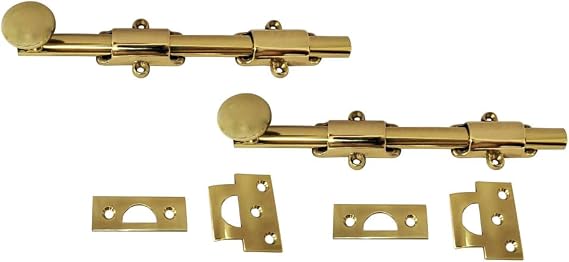 Solid Brass Dutch Door Bolt, 8", Polished Brass, 2 Pack, Made in Taiwan
