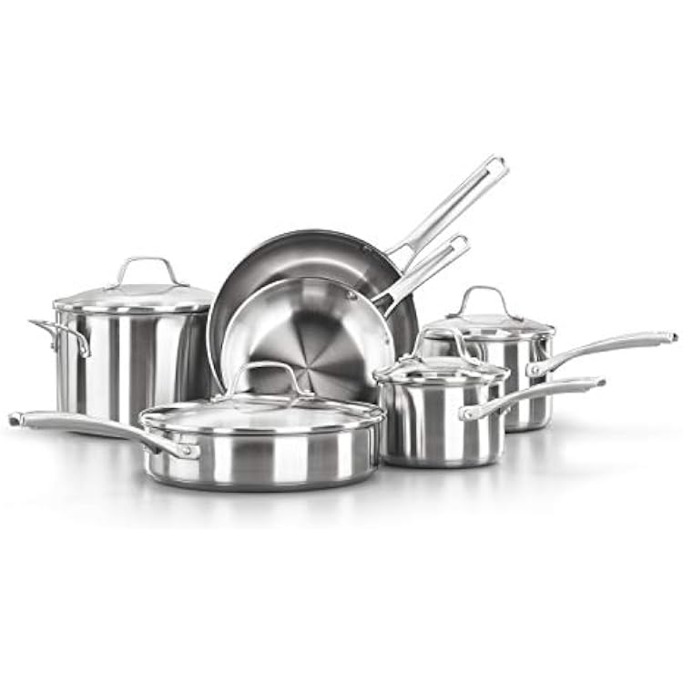 Calphalon Classic Stainless Steel Cookware Set, 10-Piece, Impact-Bonded Aluminum Base, Stay-Cool Handles, Oven Safe 450F, Silver