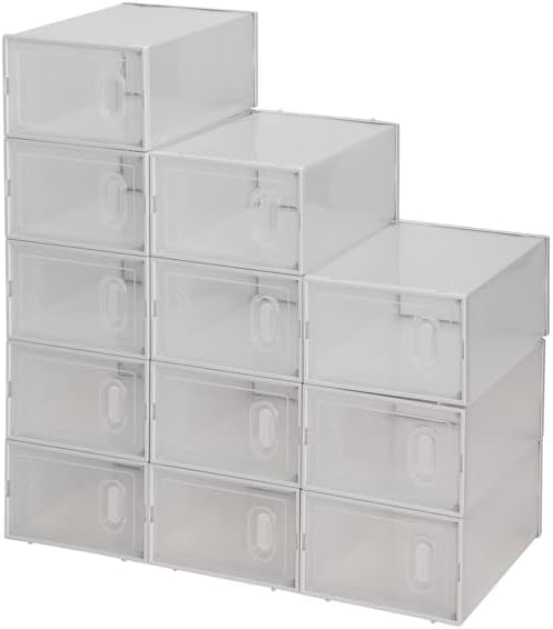 Shoe Storage Boxes 12-Pack Clear Plastic Stackable Organizers Durable Foldable Shoe Containers for Men & Women (White)