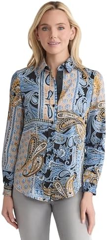 Jones New York Women's Long Sleeve Printed Satin Button Front Shirt