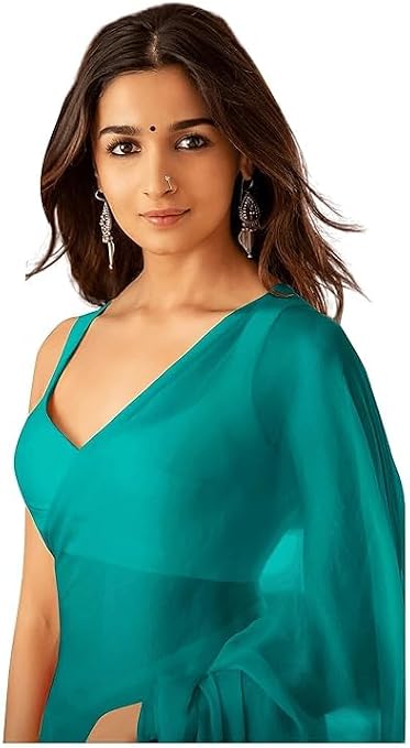 Women's Plain Pure Georgette Saree With Unstitched Blouse Piece Perfect for Weddings, Parties, and Special Occasions, (Rocky Aur Rani Ki Prem Kahani Alia Bhatt Saree)