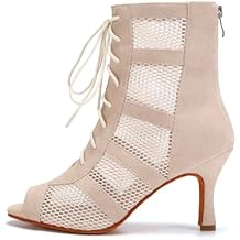 AOQUNFS Dance Heels for Women Mesh Ballroom Dance Booties Lace Up Dance Ankle Boots with Zipper