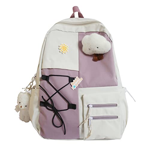 PORRASSO Women Backpack Casual Daypack Ladies Rucksack with Ornaments Nylon Bag for Travel Daily Use White