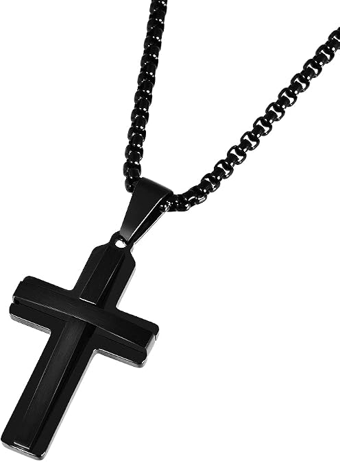 Double Layer Cross Pendant Necklace for Men, 24" Box Chain