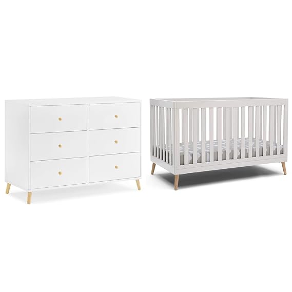 Delta Children Essex 6 Drawer Dresser and 4-in-1 Convertible Crib, Bianca White/Natural