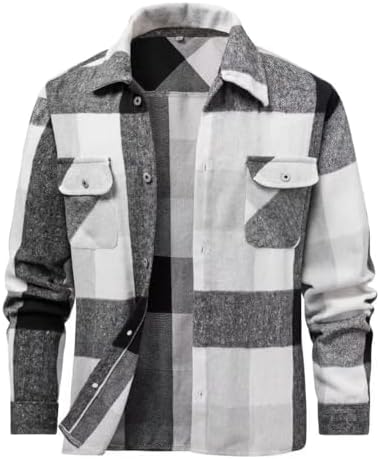Mens Flannel Shirt Long Sleeve Two-Pocket Button Down Shirt Plaid Jacket Casual Collared Tops Cotton Shirt
