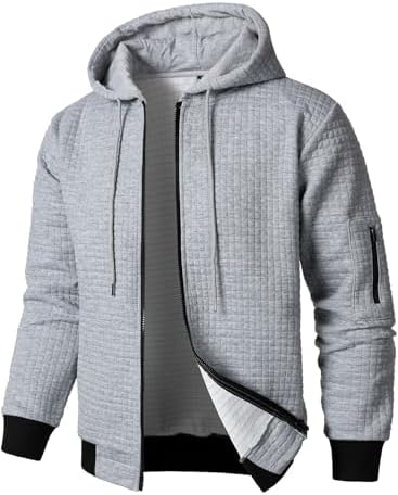 HOOD CREW Mens Jacquard Plaid Long Sleeve Lightweight Zipper Hoodie Sweatshirt Jackets