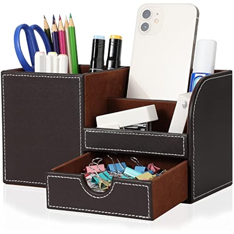 GORESE Office Desk Organiser Pen Holder Desk PU Leather Office Pencil Holder Organiser Pen Box Pen Holder Desktop Desk Accessories Office Supplies Organisation Decor Brown 2