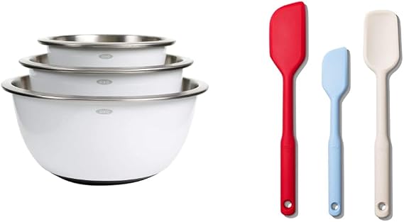 OXO Good Grips 3-Piece Stainless-Steel Mixing Bowl Set, White and OXO Good Grips 3 Piece Silicone Spatula Set