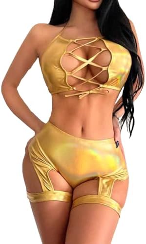 Rave Outfits For Womens Shiny Metallic Hollow Crop Top Garter Shorts Party Clubwear Music Festival Lingerie Set