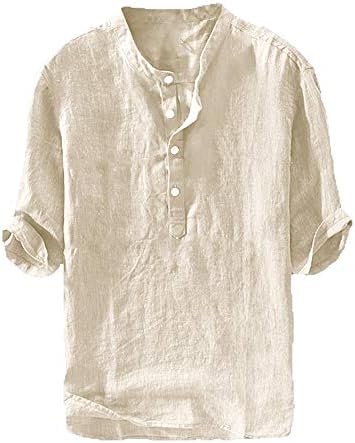 Mens Linen Cotton Henley Shirts Lightweight Button Up Casual Tees 34 Sleeve Beach Plain Pullover V Neck Summer Tops