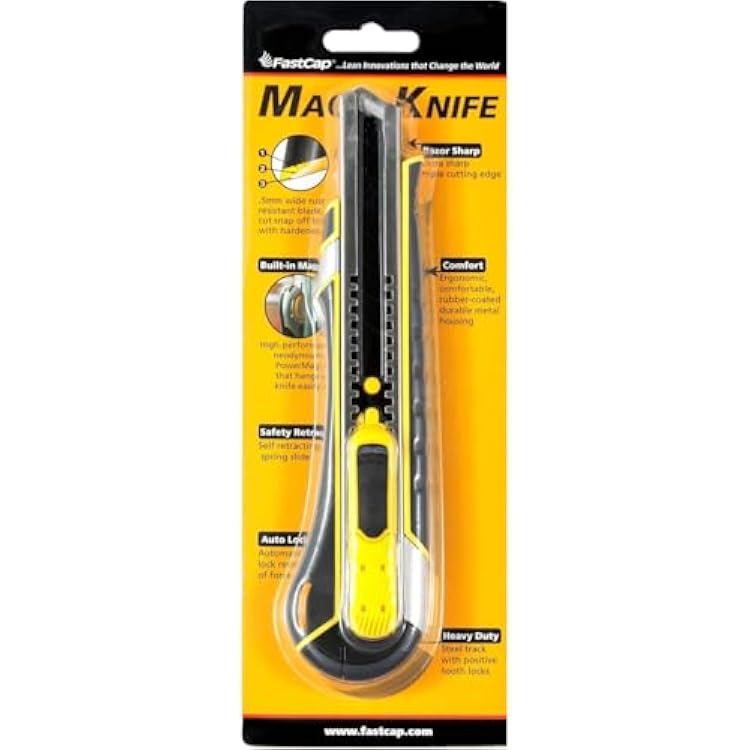 FastCap Mag Knife - Magnetic Utility Knife with Auto Safety-Retractable Blade, Durable Metal Frame, Rubberized Comfort Grip - 03053