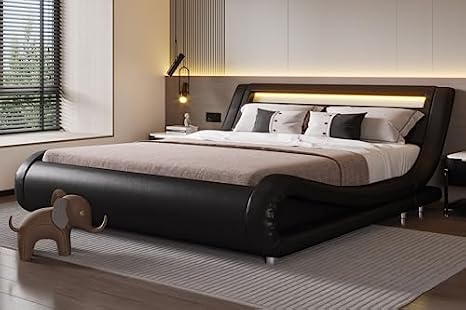 Queen Bed Frame with Adjustable Headboard - Low Profile Sled Design, Strong Wood Slat Support and Mattress Foundation, No Box Spring Needed Black