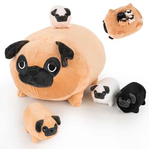 MMguai 16 Inch Soft Bulldog Plush Cute French Bulldog Stuffed Animals with 4 Puppy Baby Plushies in Her Tummy, Large Pug Dog Squishy Pillow Gift for Kids Boy Girl, Brithday Decor