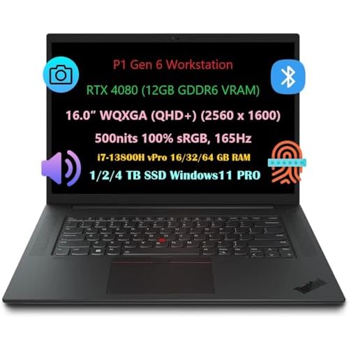 Lenovo ThinkPad P1 Gen 6 Business Mobile Workstation - 16-inchs QHD  WQXGA 100% sRGB 165Hz, i7-13800H, Nvidia RTX 4080, 64G RAM, 2TB SSD, Win11 Pro, 1080 Camera, AI & Data Analysis Black