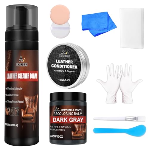 Leather Recoloring Balm Set,Leather Cleaner Restore Conditioner Mink Oil for Leather Repair Kit for Furniture Couches -Revives Repairs Scratches Leather Dye Furniture Polish Dark Gray