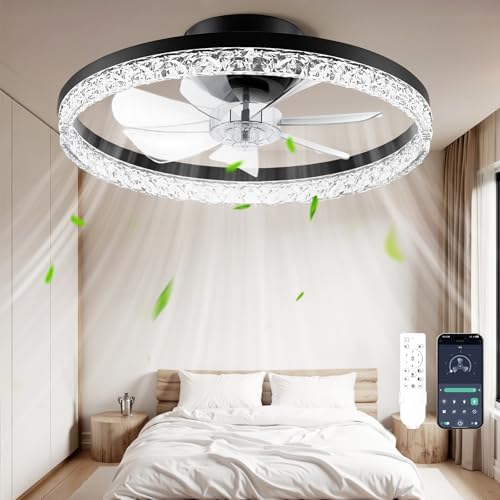 Ceiling Fans with Lights and Remote, 20 Modern Low Profile Foldable Ceiling Fan with Light, Stepless Color Temperature Change and 6 Speeds for Bedroom, Kids Room and Living Room Crystal Black