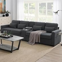 4-Seater Modern Sofa with Armrest Pockets and 4 Pillows, Functional Futon Couch with Console, 2 Cup Holders and Charging Station, Upholstered Sofa Couch for Living Room Apartment(Dark Grey)