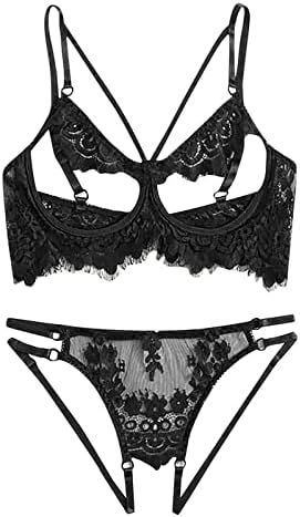 Sexy Cut Out Strappy Eyelash Floral Lace Sheer Lingerie Set for Women See Through Bra and Panty 2 Piece Underwear