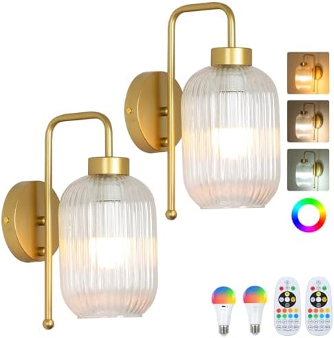 Vintage Battery Operated Wall Sconces Set of 2, Wireless Wall Lights with Remote and Color Temperature Bulb, Gold Cordless Rechargeable Wall Lamps with Clear Glass Shade for Bedroom Living Room