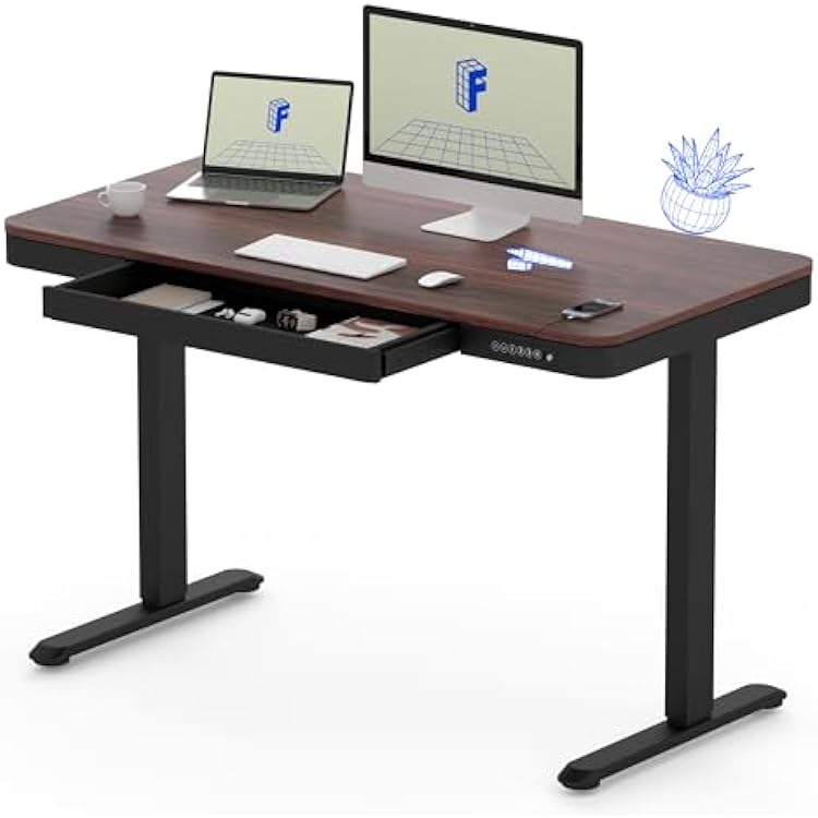 FLEXISPOT Comhar 48 Electric Standing Desk with Drawers, Quick Assembly Home Office Sit Stand Desk with Storage & USB Charging, Computer Workstation for Home Office 48 Wood, Dark WalnutBlack