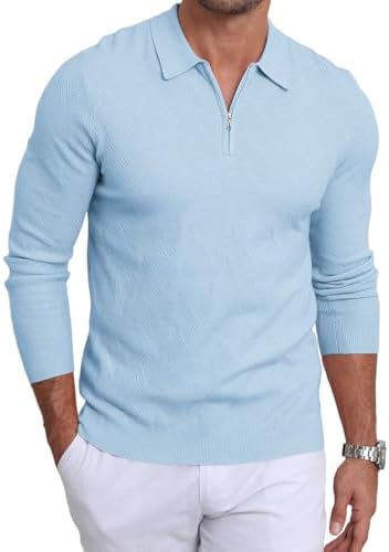Lexiart Mens Knit Polo Long Sleeve Slim Fit Textured Collared Quarter Zip Sweater Casual Lightweight